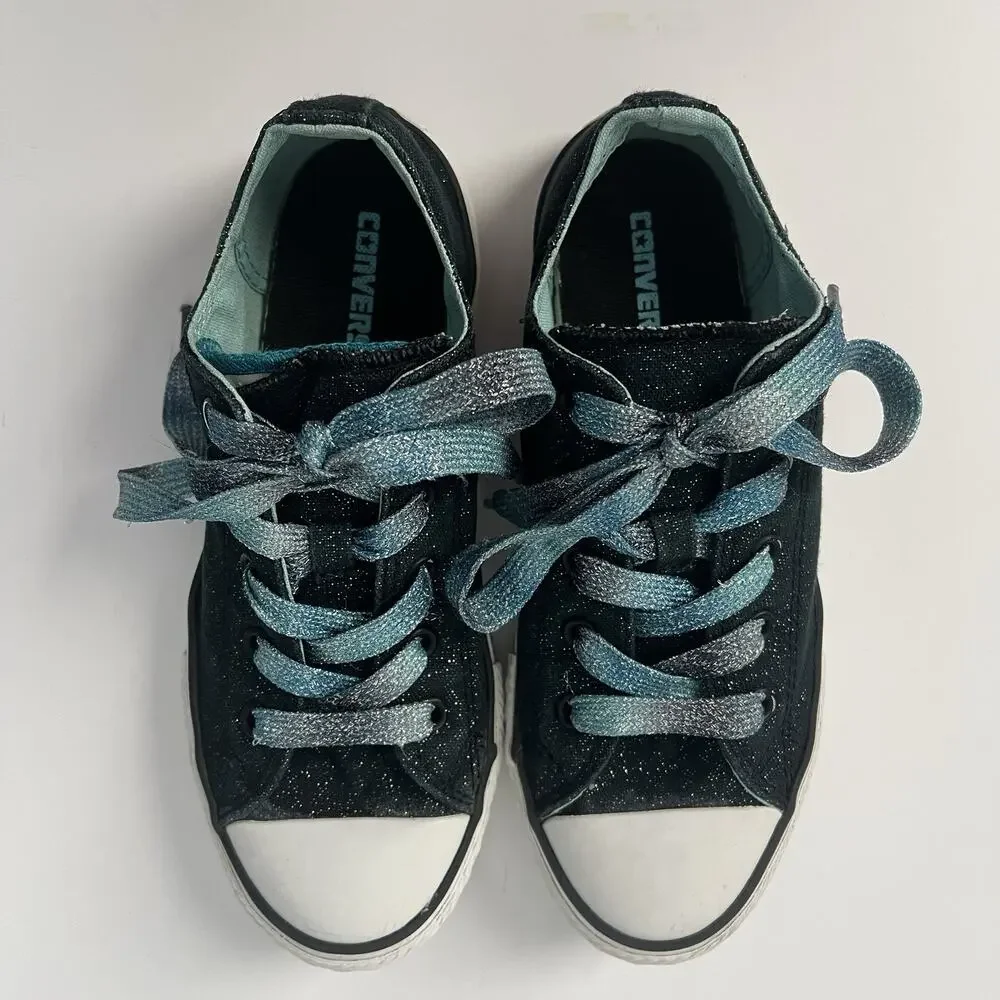 Converse All Star Double Tongue Lace Sneakers Black Blue Sparkle Junior Girl 2